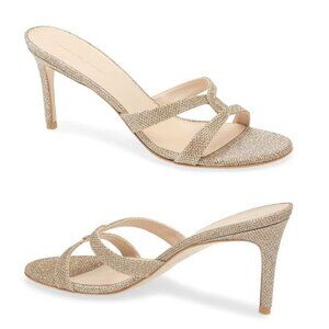 STUART WEITZMAN Soiree Shimmer Stiletto Heel Sandals Size 7.5 Platinum Gold $425